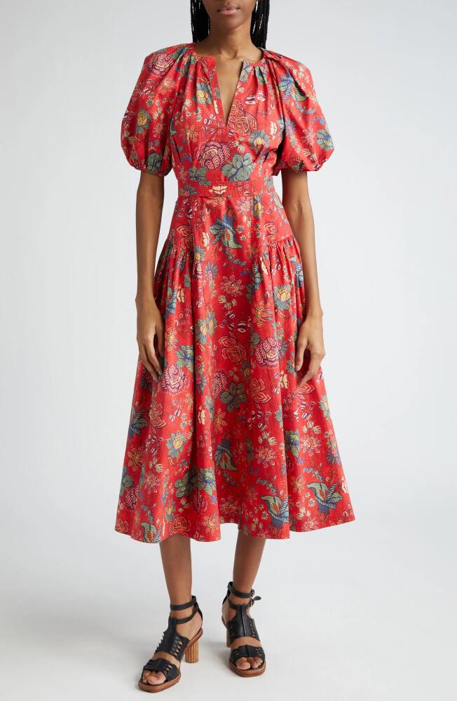 Ulla Johnson Carina Print Puff Sleeve Midi Dress in Hibiscus Cover