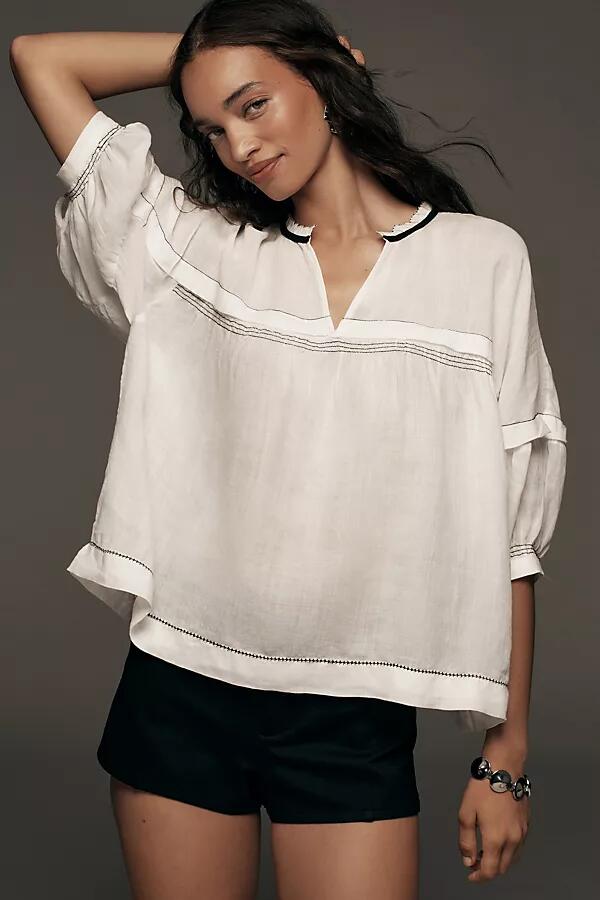 Maeve Balloon-Sleeve V-Neck Stitched Blouse Cover