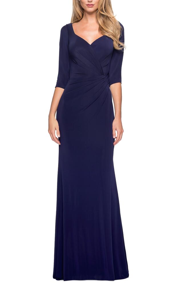 La Femme Ruched Jersey Column Gown in Navy Cover