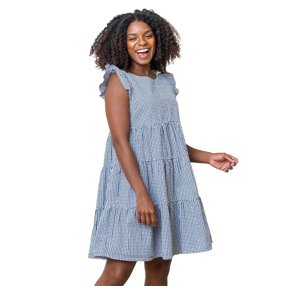 Hope & Henry Women's Flutter Sleeve Short Tiered Dress in Navy Gingham Cover