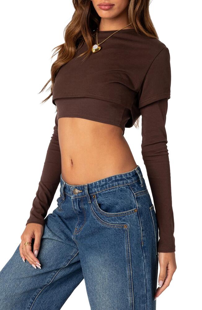 EDIKTED Vick Layered Cotton Stretch Jersey Crop T-Shirt in Brown Cover