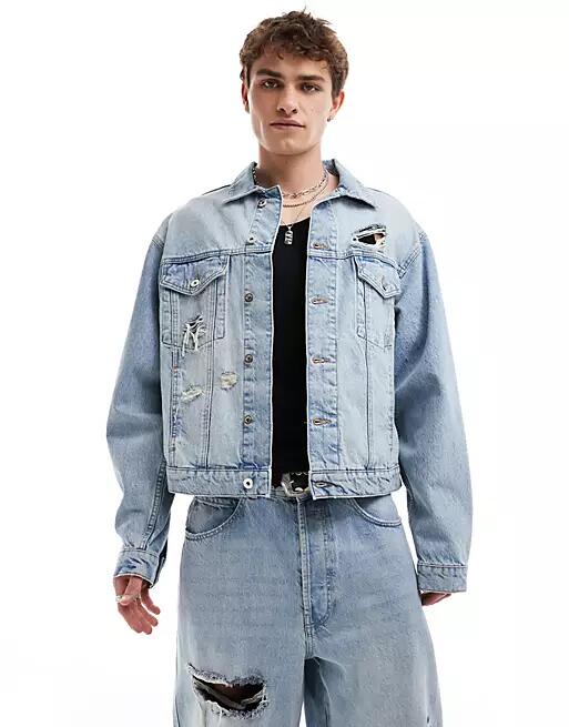 COLLUSION denim trucker jacket with rips in lightwash - part of a set-Blue Cover