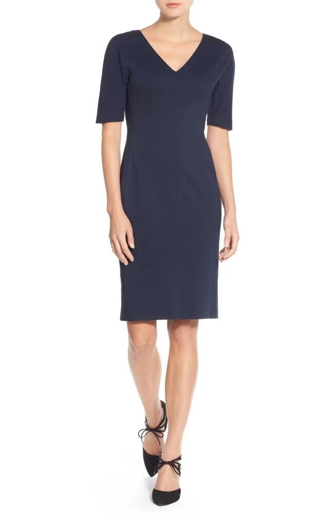 Eliza J V-Neck Crepe Sheath Dress in Navy Cover