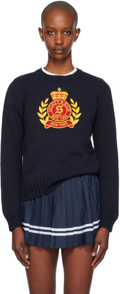 Sporty & Rich Navy NY Crest Knitted Crewneck Sweater Cover