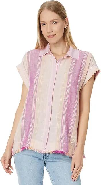 Liverpool Los Angeles Collared Camp Shirt with Hi-Low Hem and Fray Hem (Lavender Multistripe) Women's Clothing Cover