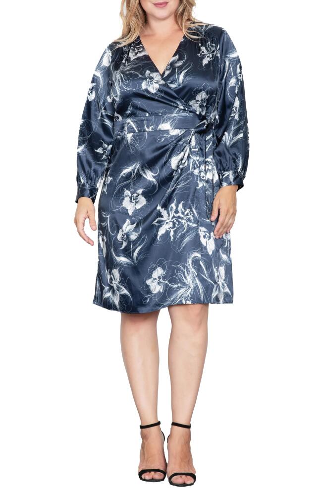 Standards & Practices Floral Print Long Sleeve Faux Wrap Satin Dress in Navy Orchid Cover