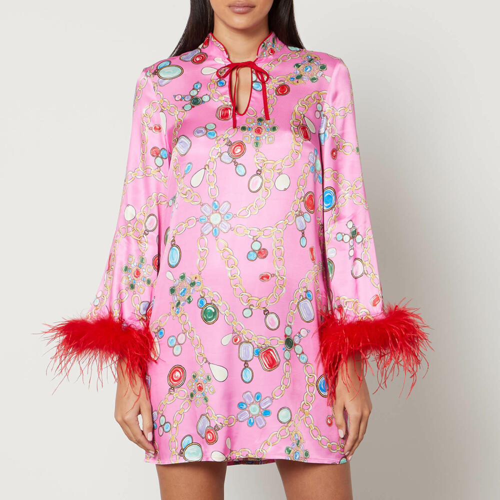 Kitri Carlotta Printed Feather-Trimmed Satin Mini Dress Cover