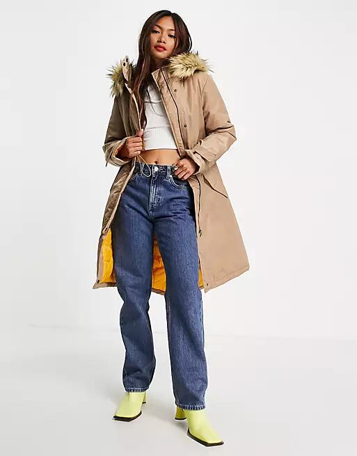 French Connection faux fur lined parker jacket in beige and mustard-Multi Cover