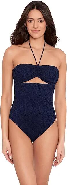 LAUREN Ralph Lauren Crochet Cutout Bandeau One Piece (Blue) Women's Swimsuits One Piece Cover