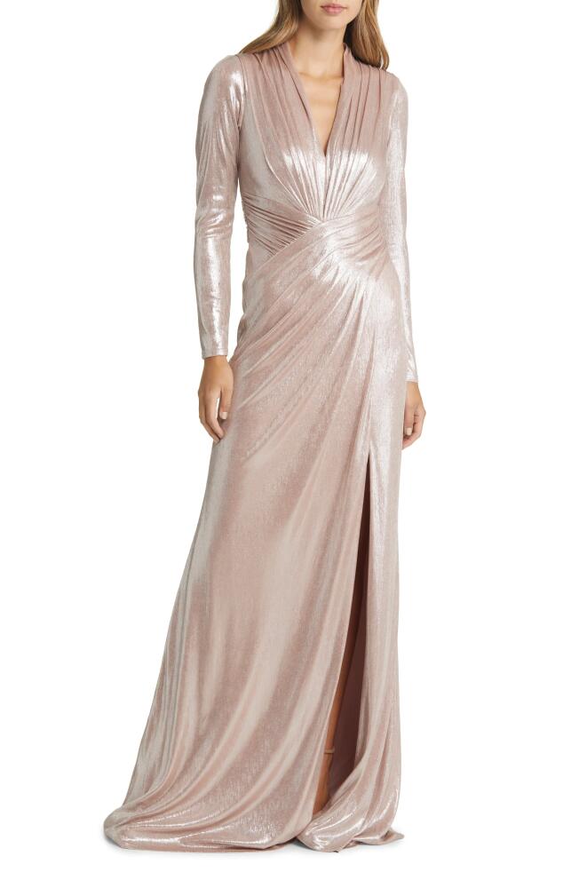 Tadashi Shoji Draped Shimmer Long Sleeve Gown in Antique Pink Cover