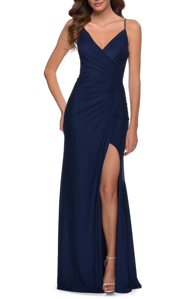 La Femme Strappy Back Ruched Jersey Gown in Navy Cover