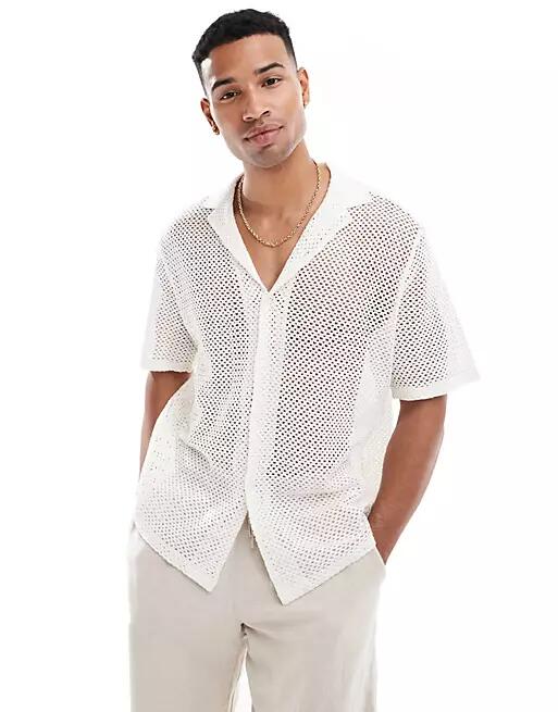 ASOS DESIGN relaxed crochet shirt with revere collar in ecru-White Cover