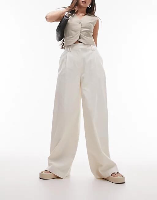 Topshop cord tailored wide leg pants in ecru-Neutral Cover