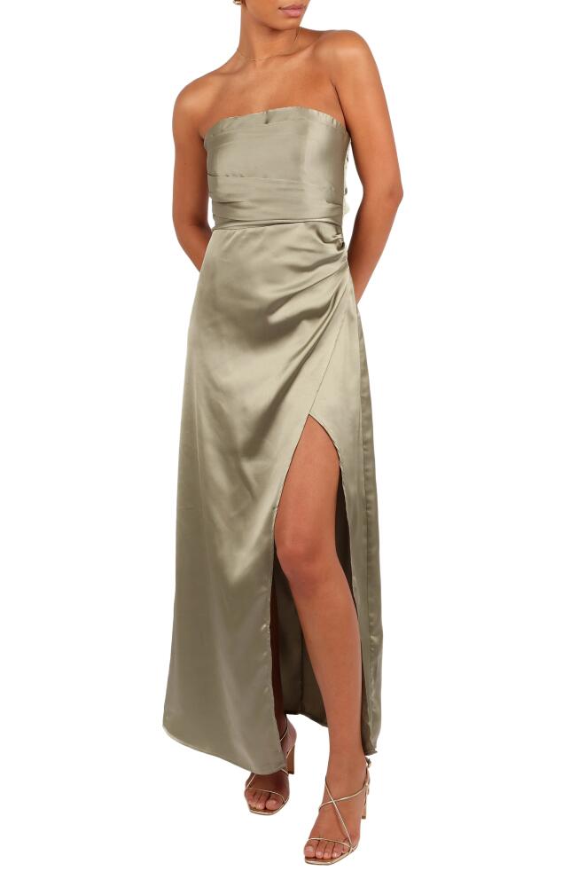 Petal & Pup Kara Strapless Stretch Satin Gown in Olive Cover