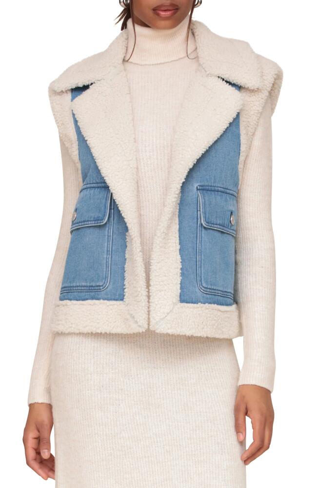 Avec Les Filles Bonded Faux Shearling & Denim Trucker Vest in Light Blue/Cream Cover