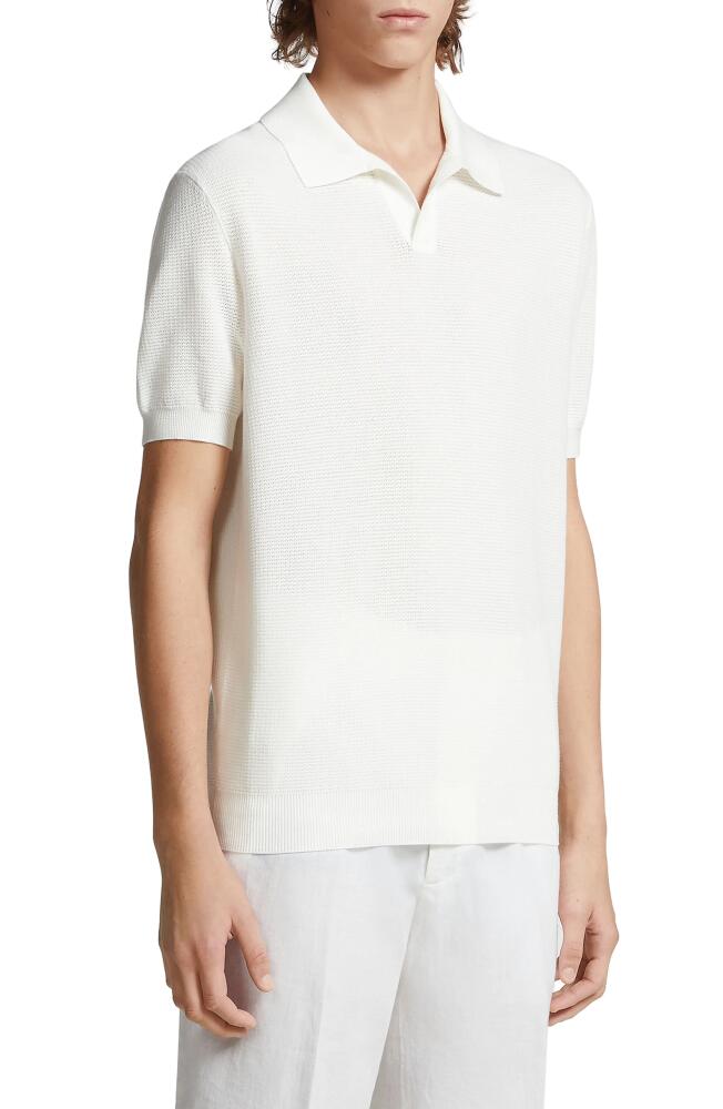 ZEGNA Waffle Knit Premium Cotton Polo Sweater in White Cover