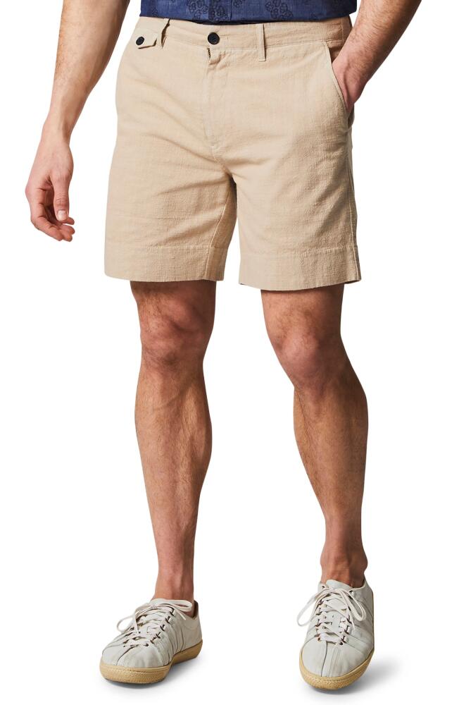 Billy Reid Flat Front Textured Cotton Shorts in Khaki Cover