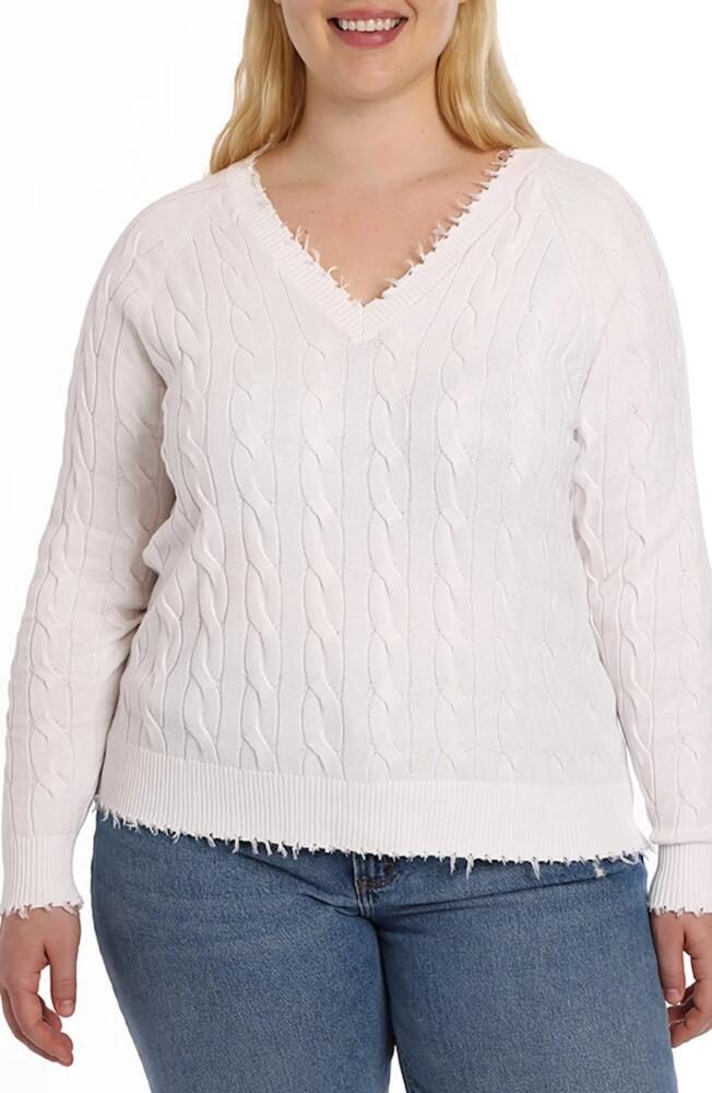 MINNIE ROSE Frayed V-Neck Cable Knit Cotton Sweater in White Cover