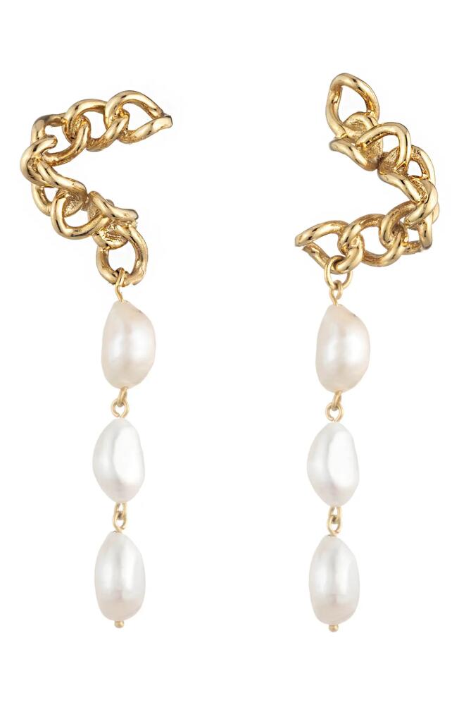 Sterling King Warp Chain Freshwater Pearl Drop Earrings in Gold Cover