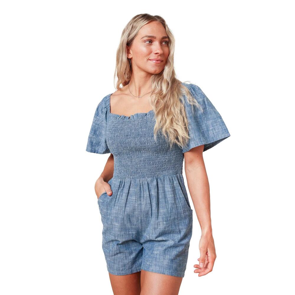 Hope & Henry Women's Bell Sleeve Smocked Chambray Romper Cover