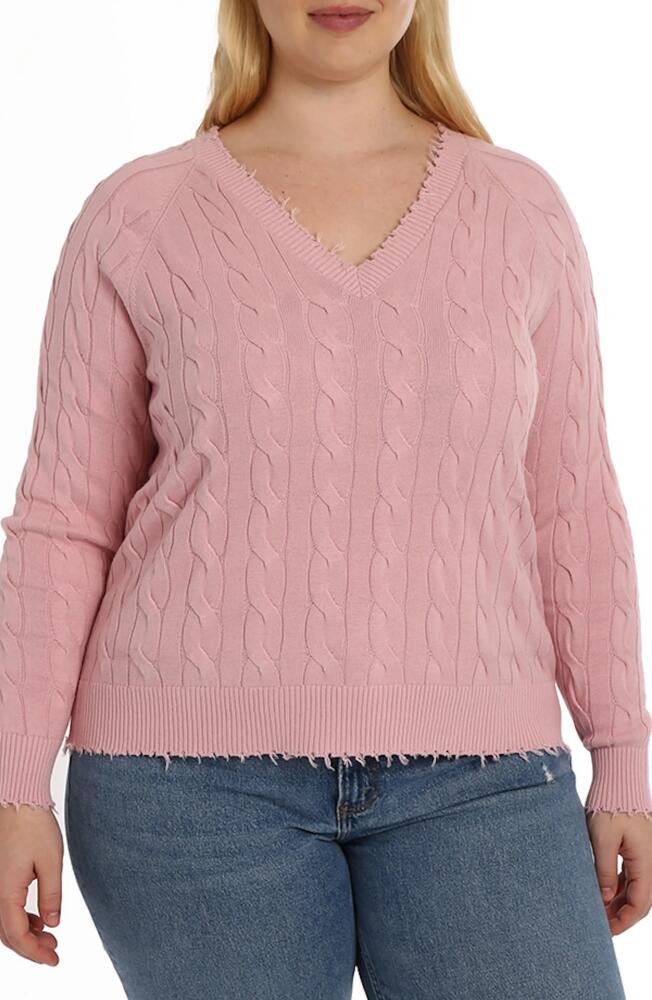 MINNIE ROSE Frayed V-Neck Cable Knit Cotton Sweater in Pink Pearl Cover