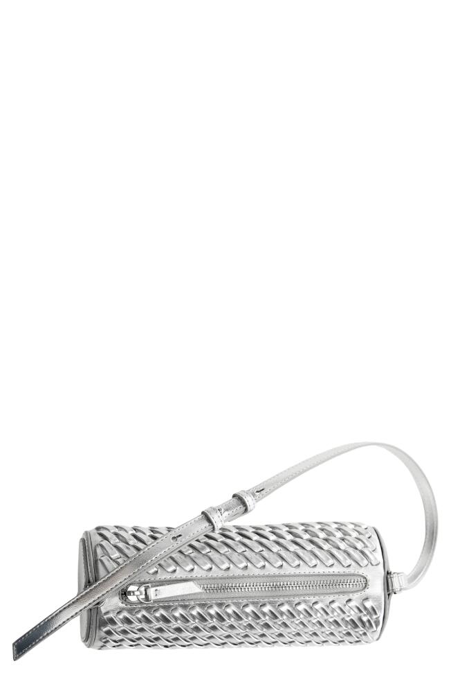 MANGO Lattice Effect Cylindrical Shoulder Bag in Silver Cover