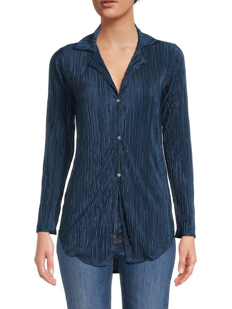 Renee C. Women's Plisse Camp Collar Button Down Shirt - Navy Cover