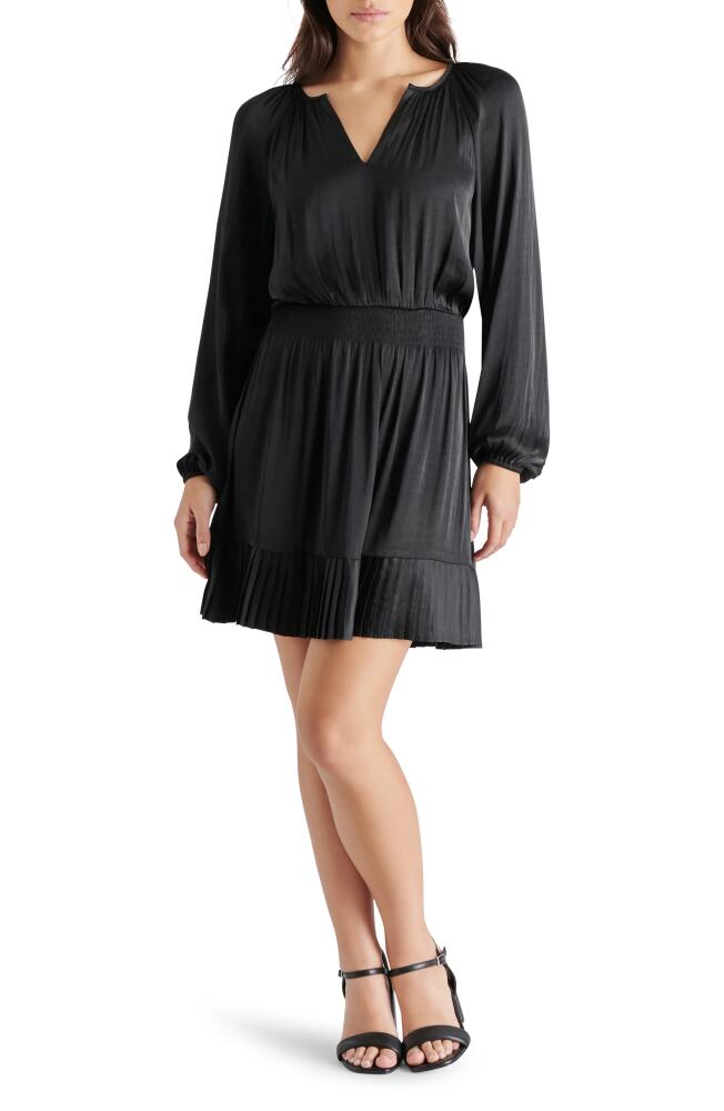 Steve Madden Adoria Pleated Split Neck Long Sleeve Satin Dress in Black Cover