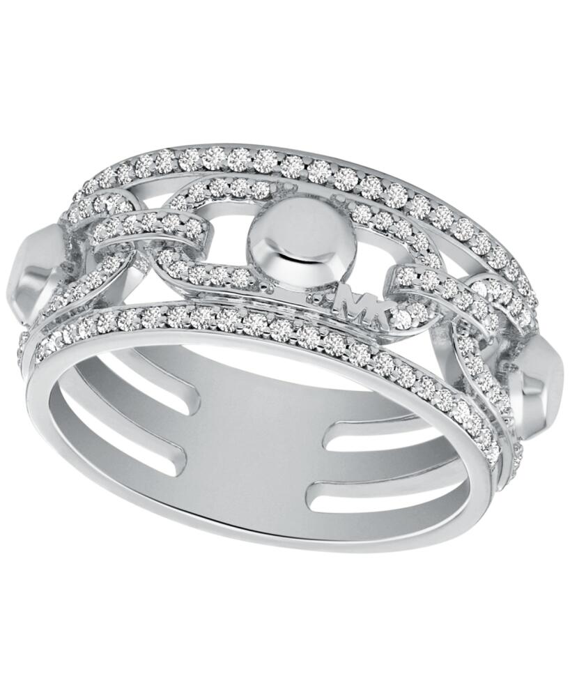 Michael Kors Rhodium Brass Pave Astor Link Statement Cocktail Ring - Silver Cover