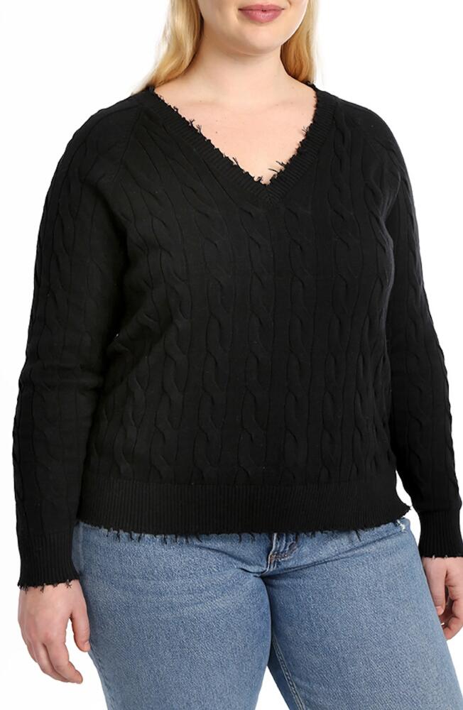 MINNIE ROSE Frayed V-Neck Cable Knit Cotton Sweater in Black Cover