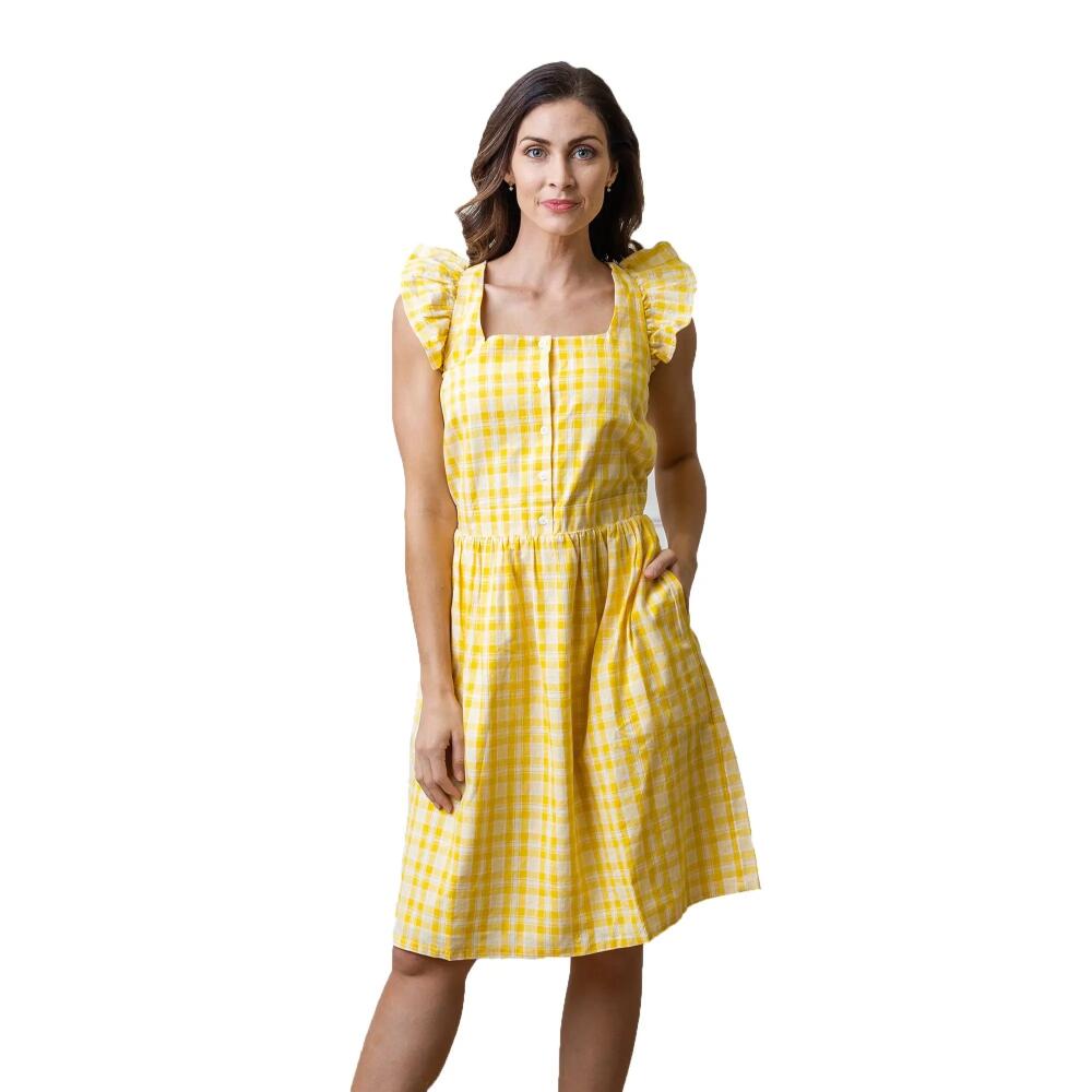 Hope & Henry Womens' Flutter Sleeve Sun Dress in Yellow Plaid Linen Cover