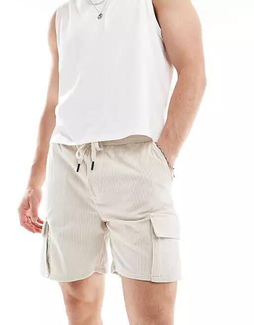 ONLY & SONS pull on cord cargo shorts in cream-White Cover