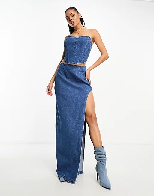 AFRM nadia denim maxi skirt in midwash blue with high rise slit - part of a set Cover