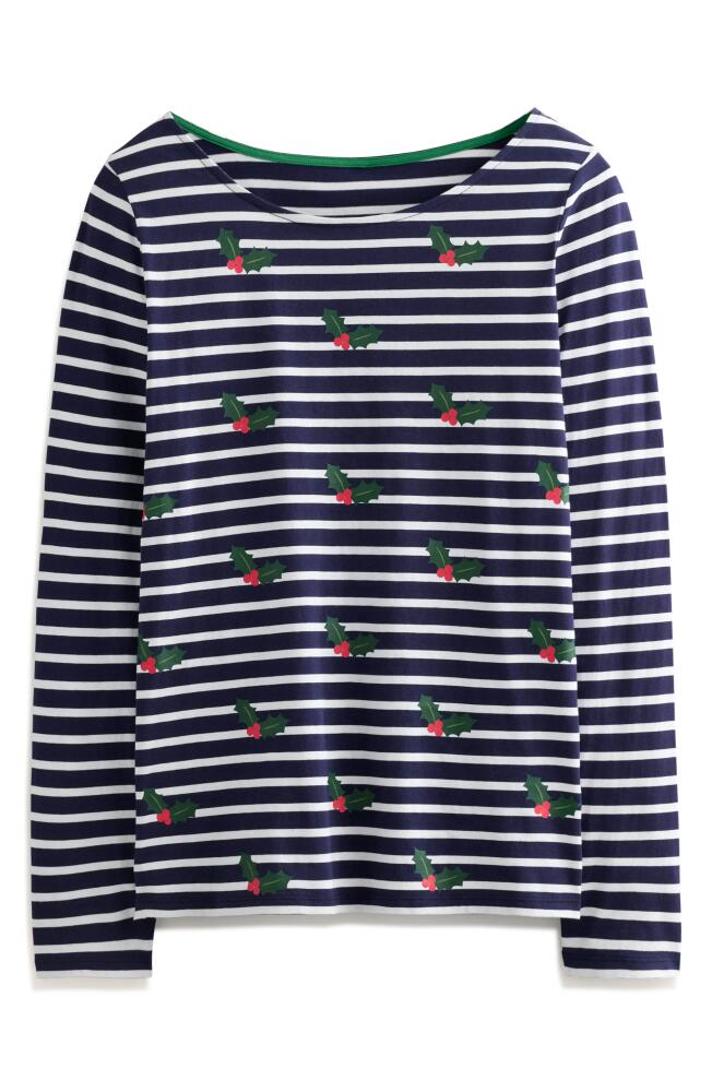 Boden Ella Holiday Stripe Long Sleeve Cotton T-Shirt in Navy Holly Stripe Cover