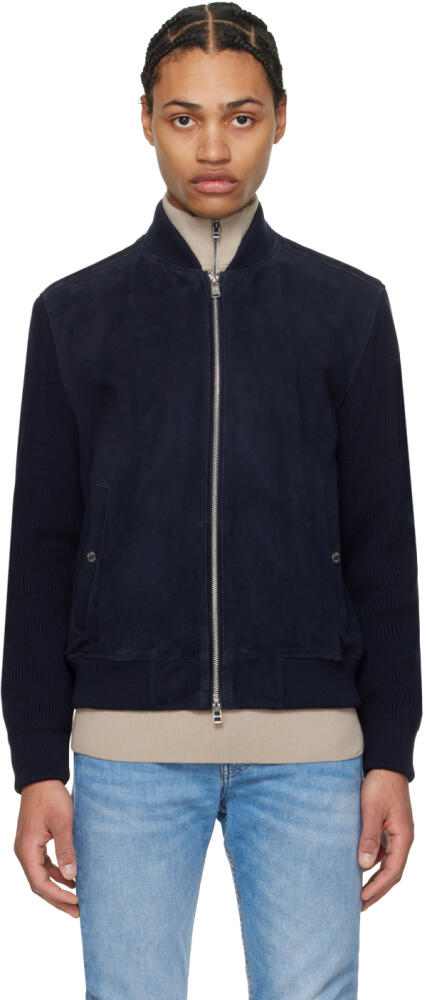 BOSS Navy Paneled Leather Bomber Jacket Cover