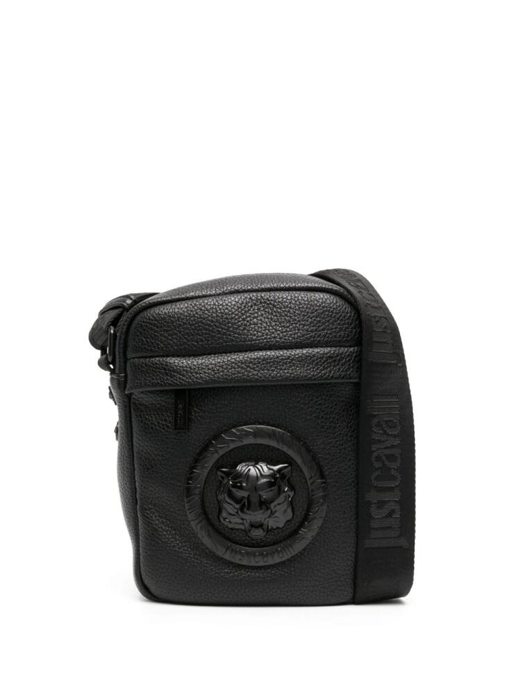 Just Cavalli logo-patch leather messenger bag - Black Cover