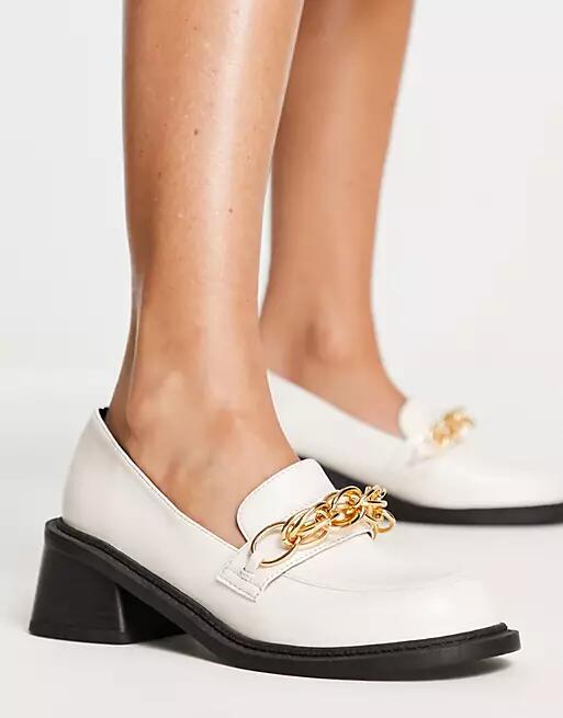 ASOS DESIGN Sergio mid heeled loafers with chain in off white-Neutral Cover