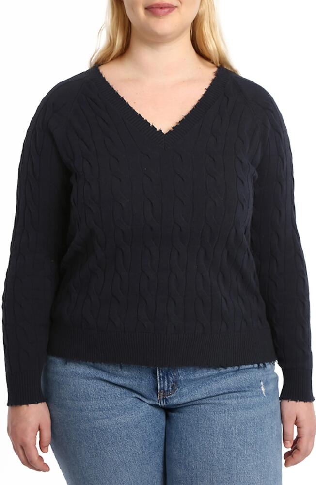 MINNIE ROSE Frayed V-Neck Cable Knit Cotton Sweater in Navy Cover