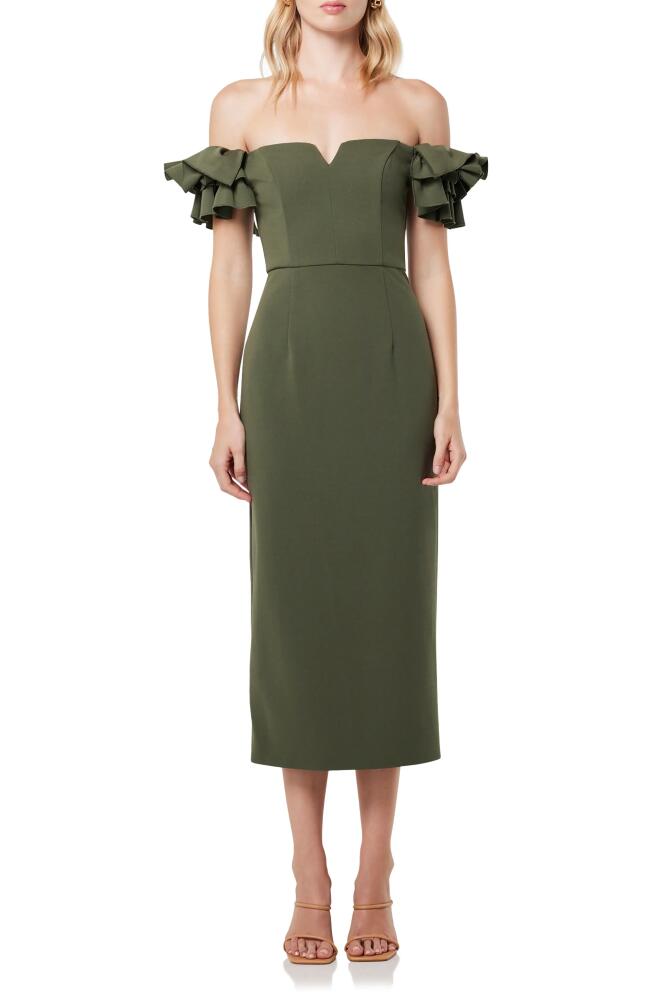 Elliatt Creole Off the Shoulder Sheath Midi Dress in Olive Cover