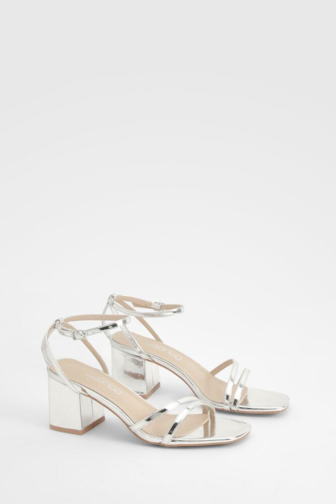 boohoo Womens Metallic Low Block Asymmetric Barely There Heels - Grey Cover