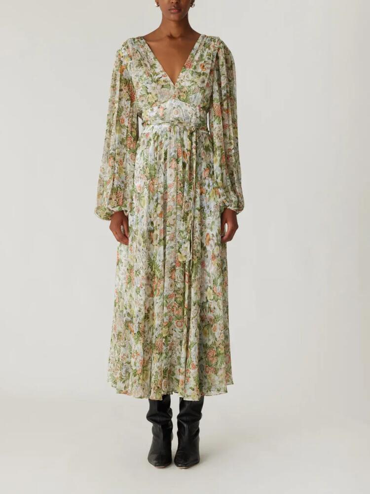 Rebecca Taylor Floral All Over On Viscose Chiffon Blouson Sleeve Midi Dress in Floral Multi Cover