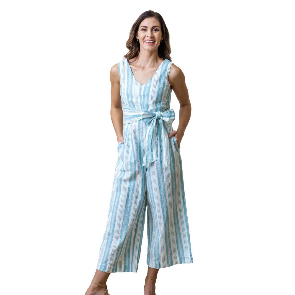 Hope & Henry Womens' Tie-Waist Wide Leg Jumpsuit in Blue Stripe Cover