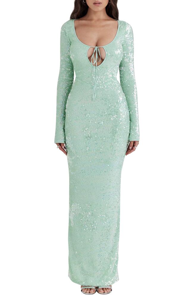 HOUSE OF CB Titania Sequin Long Sleeve Gown in Mist Green Cover