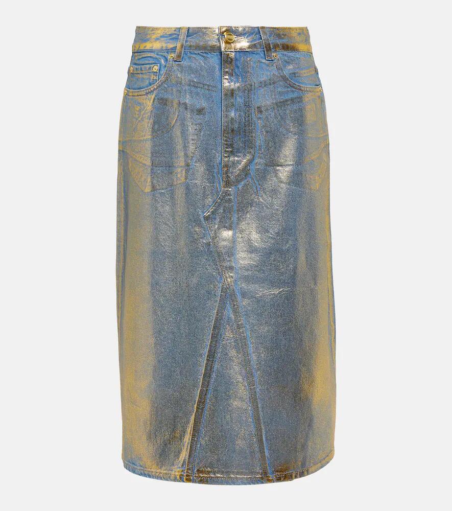 Ganni Gold-foiled denim midi skirt Cover