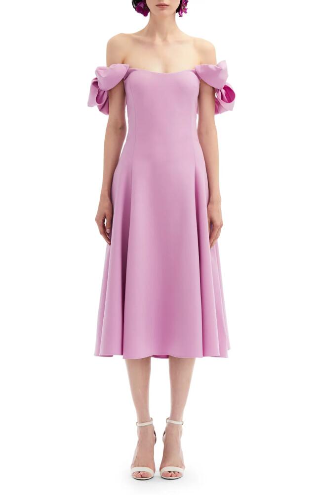 Oscar de la Renta Bow Cap Sleeve Off the Shoulder Virgin Wool Blend Dress in Lupine Cover