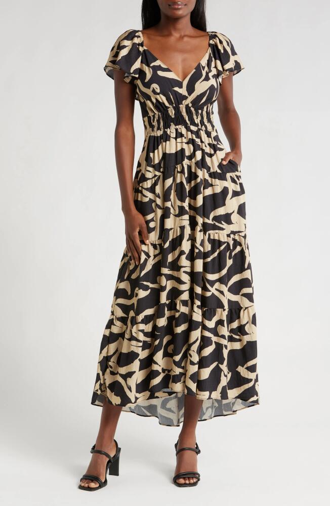 MELLODAY Printed Smocked Waist Maxi Sundress in Black/Taupe Print Cover