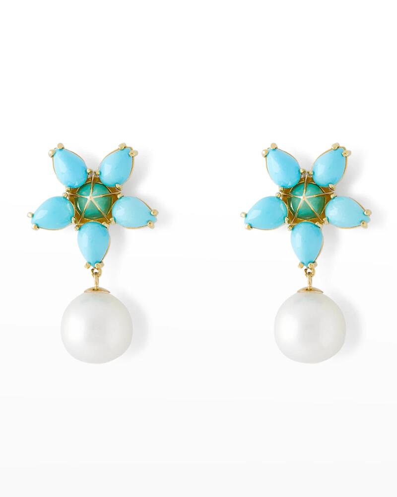 Pearls By Shari 18K Yellow Gold Oval and Pear Turquoise Flower with 11mm Pearl Drop Earrings Cover