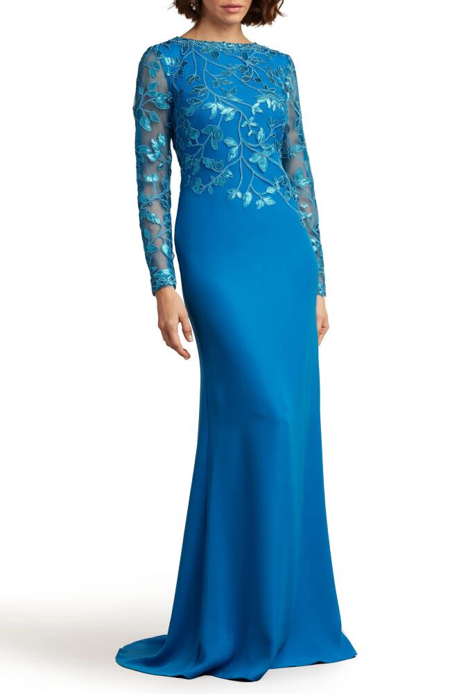 Tadashi Shoji Sequin Lace Long Sleeve Crepe Gown in Deep Ocean Cover