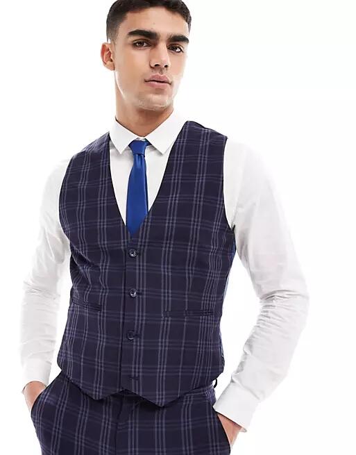 ASOS DESIGN skinny suit vest in navy tonal plaid Cover