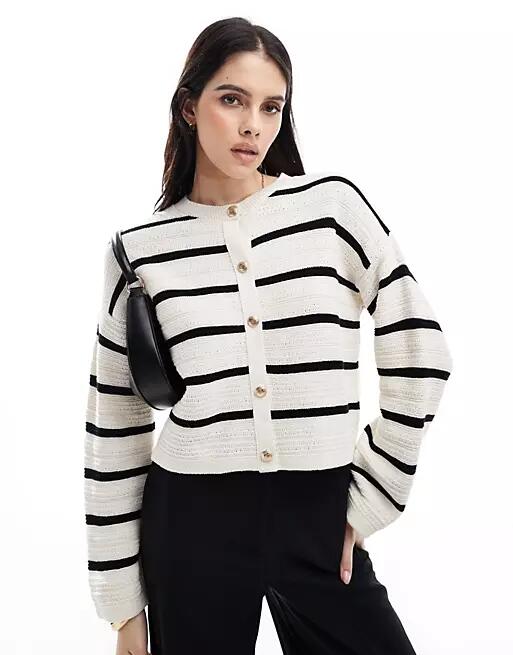 ASOS DESIGN knit crew neck cardigan in textured stitch with gold buttons in stripe-Multi Cover